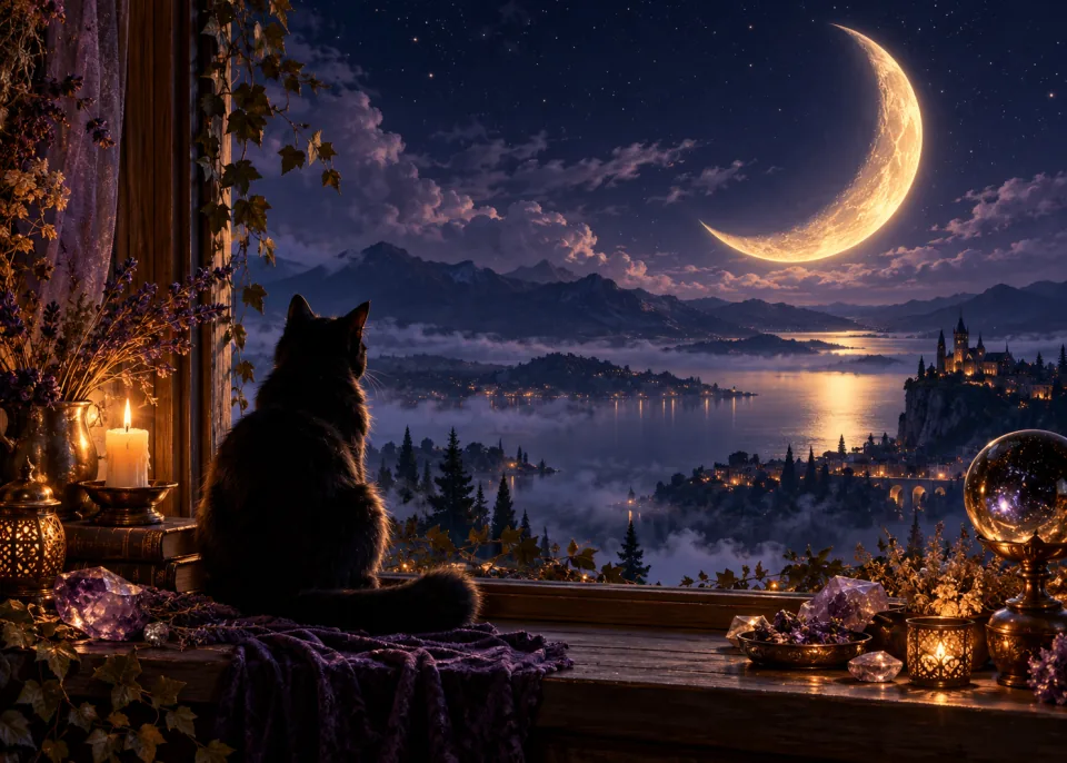 Night Familiar: A black cat silhouette on a windowsill beneath a huge crescent moon.