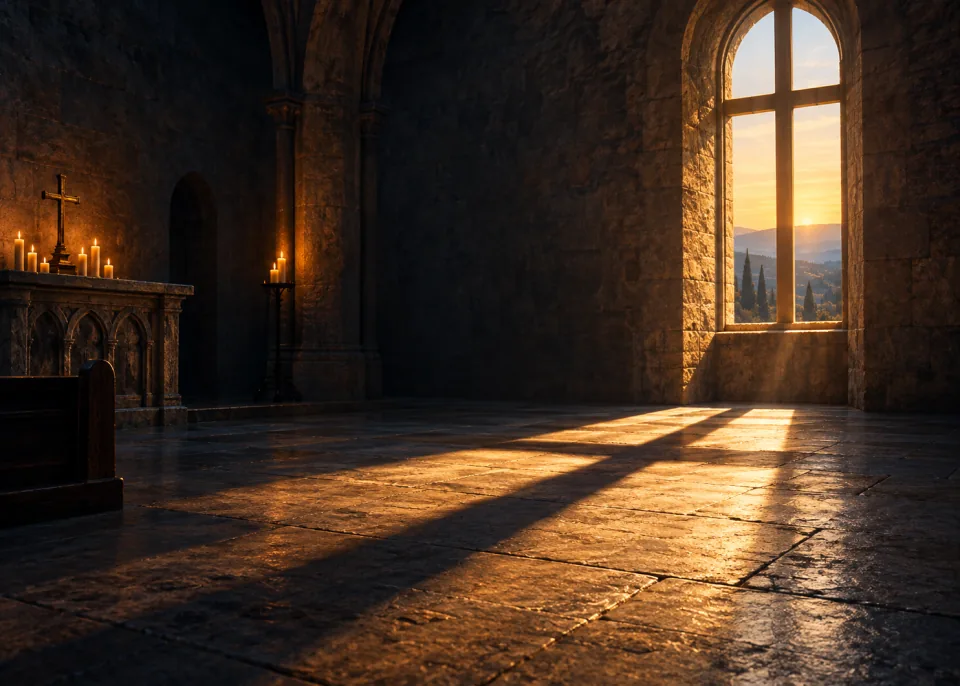 Cross of Light: The window frame of a dark chapel forming a cross of light on the floor.