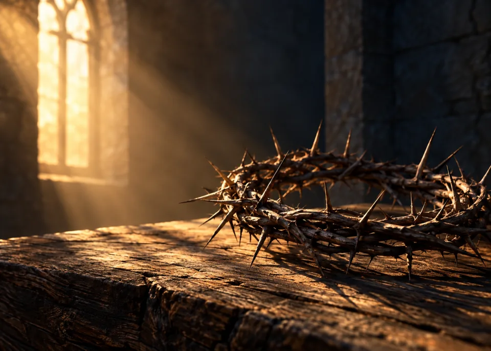 Crown of Thorns: A crown of thorns resting on dark weathered wood, dramatic side light.