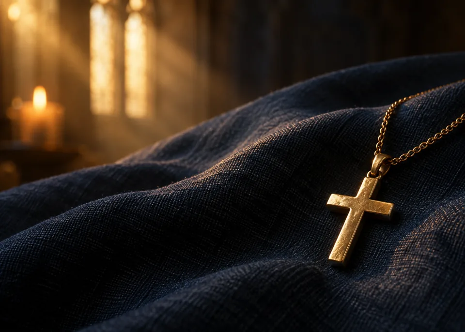 Gold Cross: A small gold cross pendant on dark linen, macro, gentle highlight.