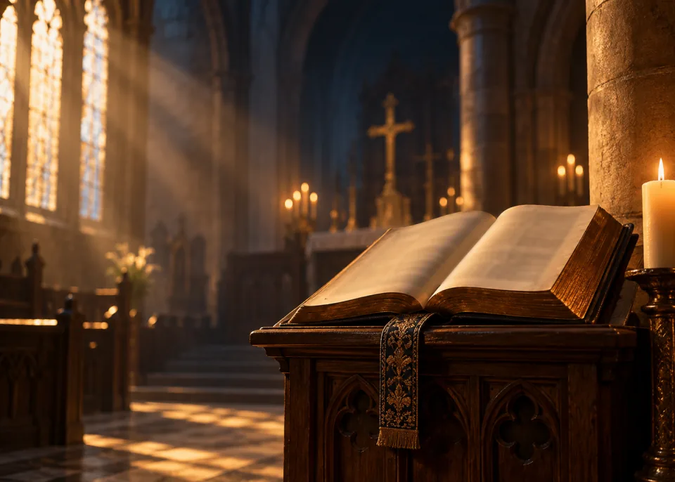 Open Book: An old open Bible on a wooden lectern, pages softly blurred and unreadable, warm low light.