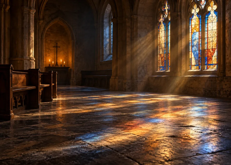Stained Light: Light from a stained glass window casting soft coloured patches on a worn stone floor of an empty chapel.