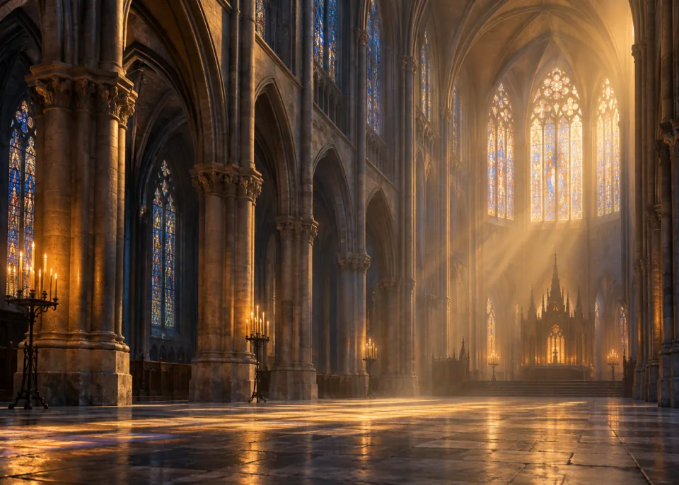 The Nave: Gothic stone arches of an empty cathedral nave, light pouring down from high windows, quiet haze.