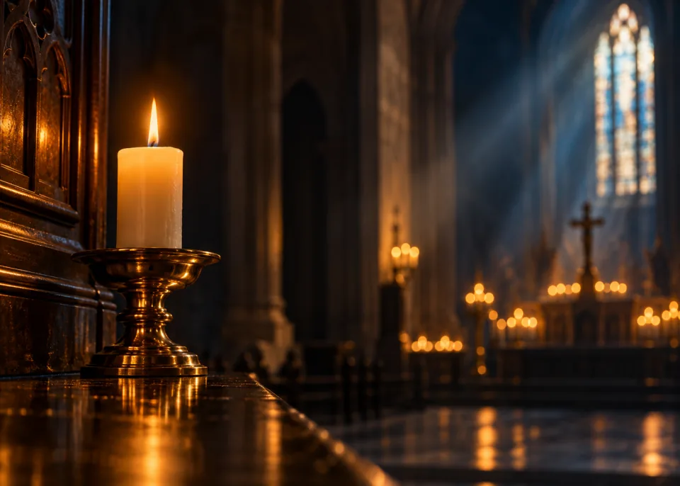 Vigil Candle: One lit candle in a dark church, the flame reflected on brass, soft bokeh of other candles far behind.