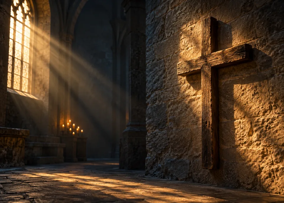 Window Cross: A simple rough wooden cross on a stone wall, a single shaft of warm window light falling across it, deep shadows.