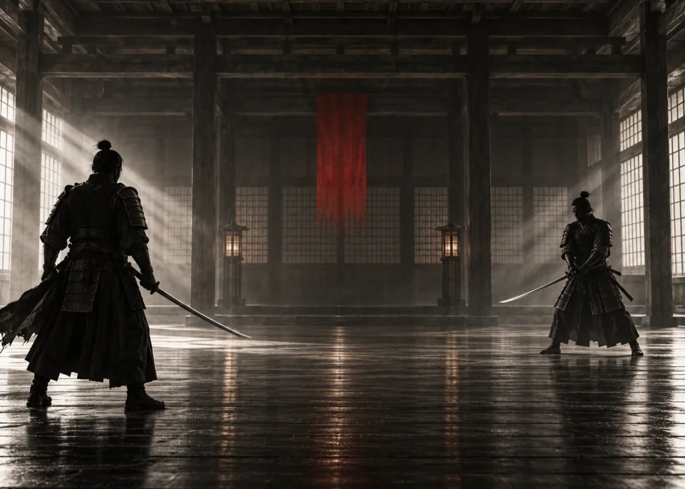 Dojo Duel: Two duelists in silhouette facing each other across a dim wooden dojo, light shafts through paper screens.