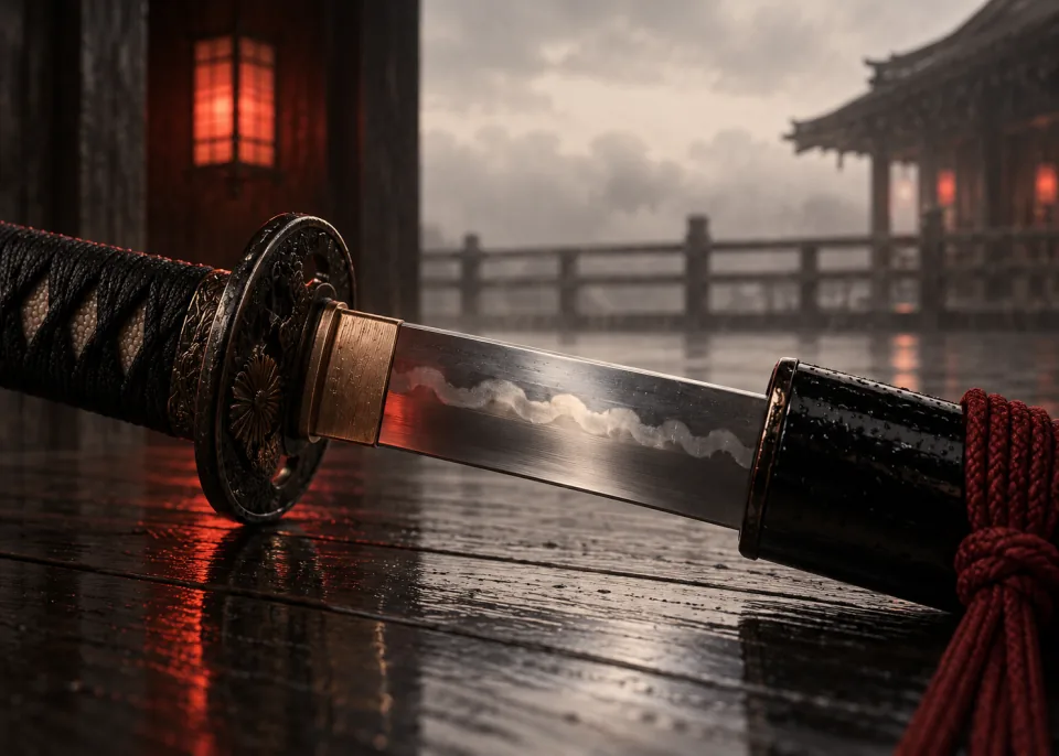 Half Drawn: Macro of a katana half drawn from its black lacquered scabbard, the wavy temper line of the blade catching the light.