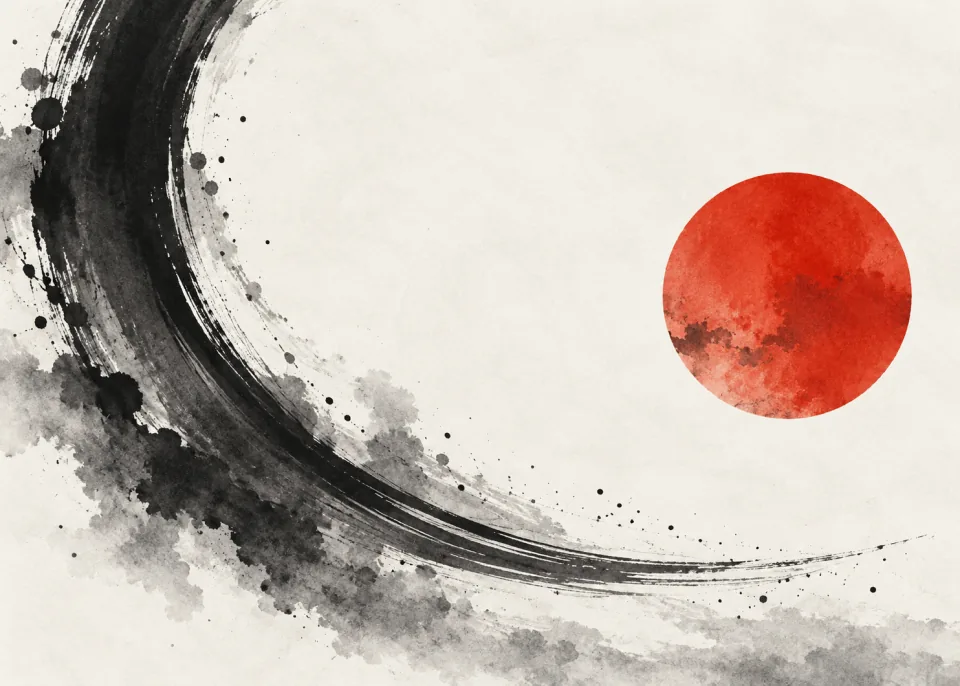 Ink Arc: Abstract ink-wash brushstroke shaped like a blade arc, a single vermilion circle, vast white paper space.