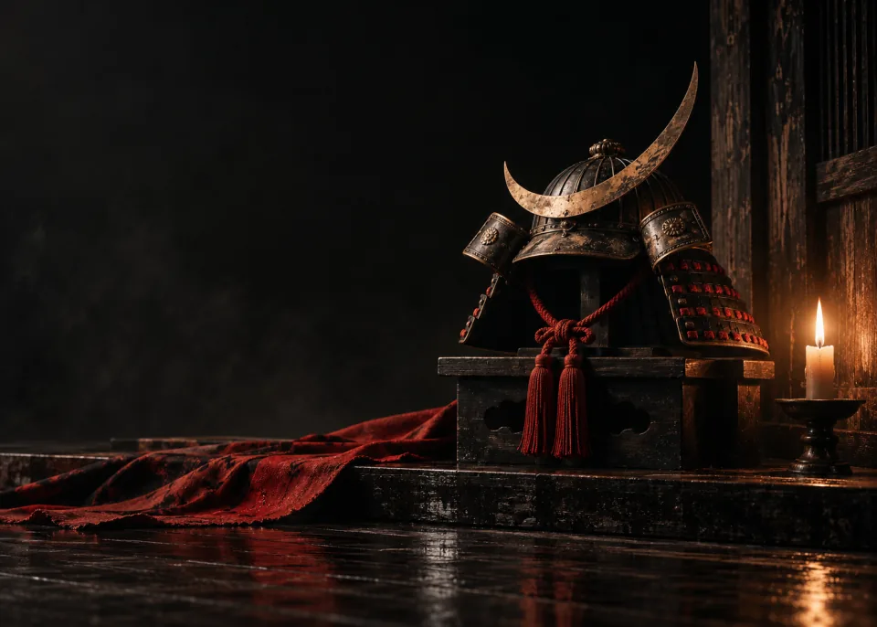 Kabuto: A samurai helmet with crescent crest on a dark wooden stand, candle light, ink-black background.