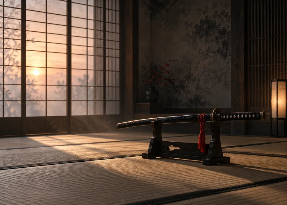 Katana Rack: A katana resting on a wooden rack in an empty tatami room, soft dawn light through shoji screens.