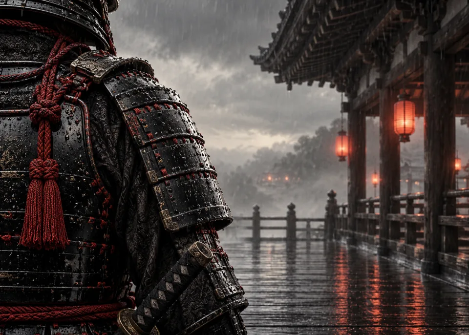 Lacquered Armour: Close-up of lacquered armour plates and silk lacing, rain droplets, vermilion cord.