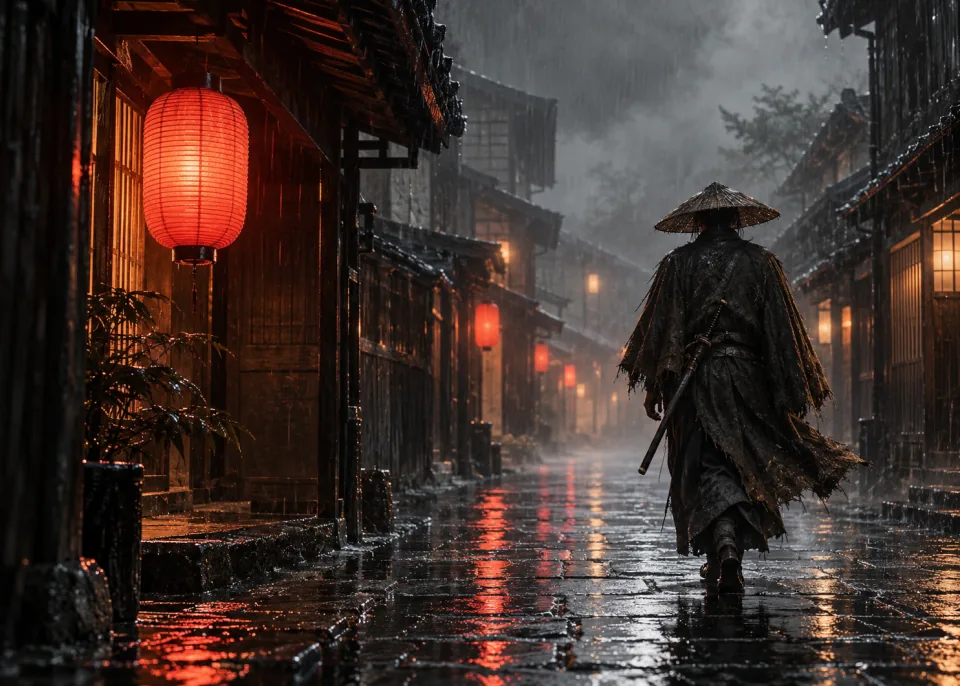 Lantern Alley: A straw-hatted ronin walking down a narrow lantern-lit alley in the rain, reflections on wet stone.