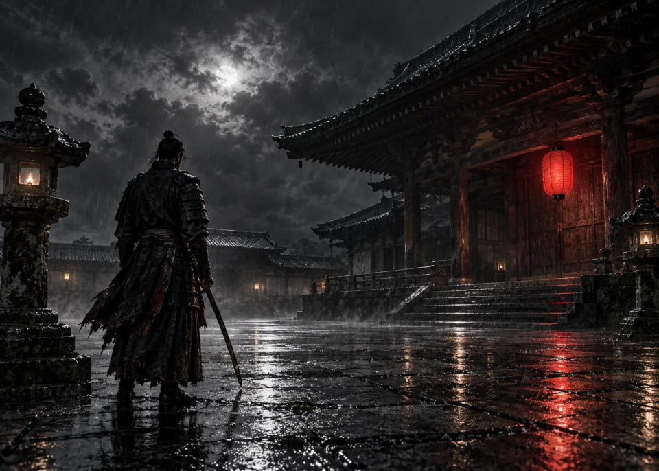 Temple Courtyard: A lone samurai seen from behind in a rain-soaked stone temple courtyard at night, a single red paper lantern glowing.