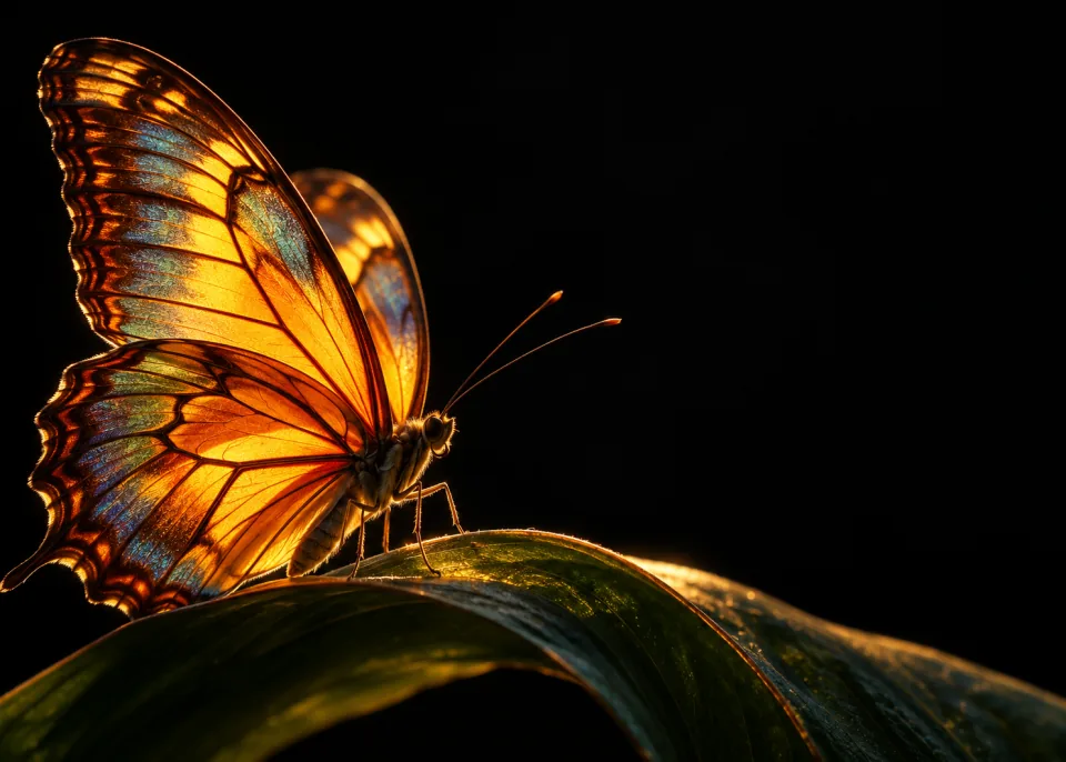 Amber Veins: A butterfly lit from behind so its wing veins glow amber like stained glass, deep black background.