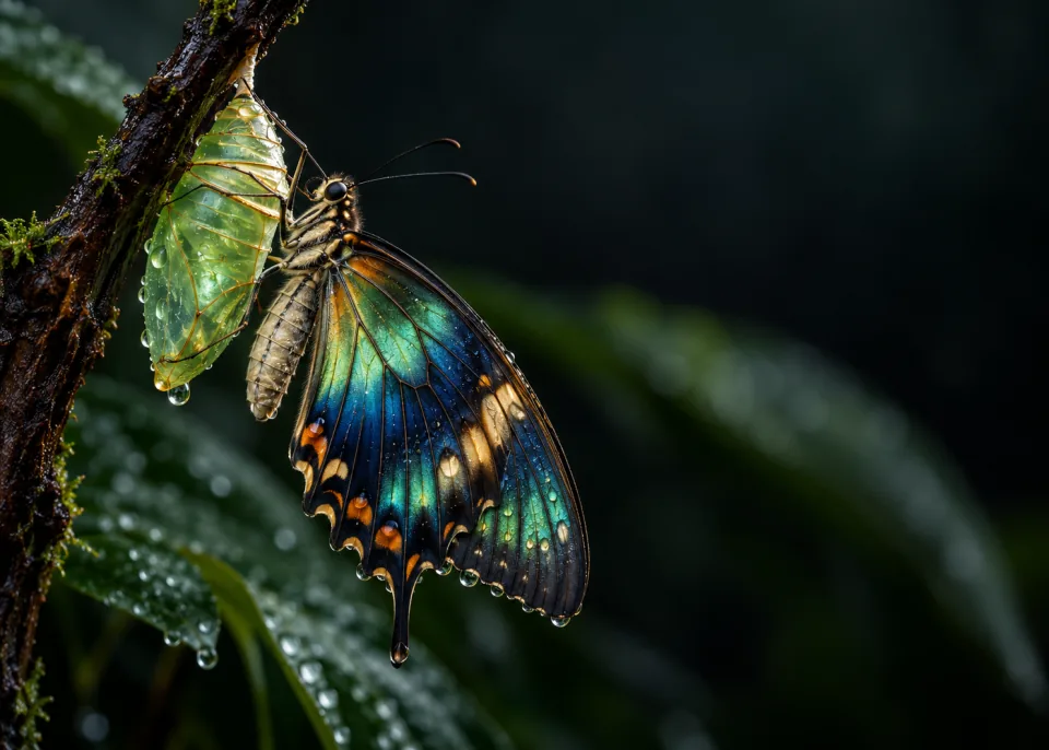 Chrysalis: A butterfly emerging from a jade-green chrysalis on a dark twig, soft light, dewdrops.