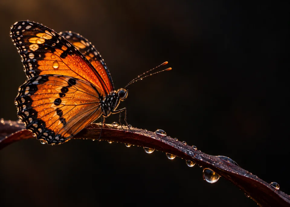 Morning Dew: An orange and black butterfly resting on a dark stem, dew on its wings, soft morning light.