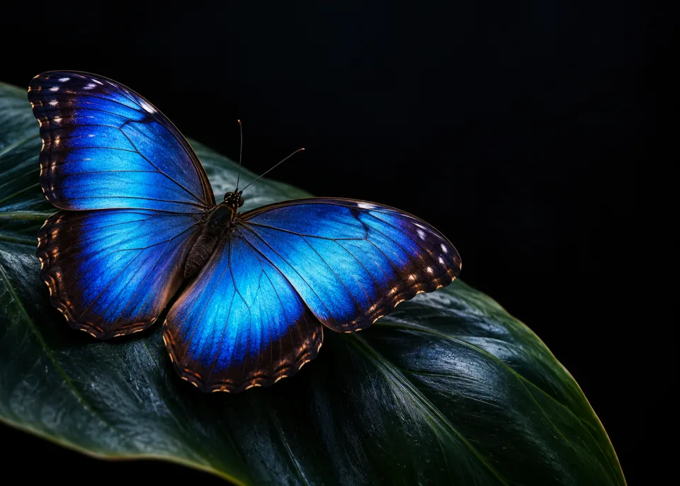Morpho Blue: A single iridescent blue morpho butterfly resting on a dark leaf, wings open, soft top light, black background.