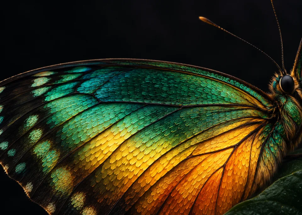 Wing Scales: Extreme macro of butterfly wing scales forming a gradient of emerald and gold, like tiny overlapping tiles.
