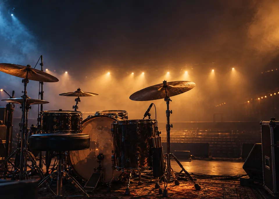 Backline Drums: A drum kit on an empty stage seen from behind, backlit by stage lights through haze.