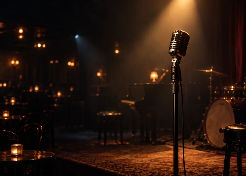 Club Mic: A vintage microphone on a stand in a dark club, spotlight from above, soft bokeh of stage lights.