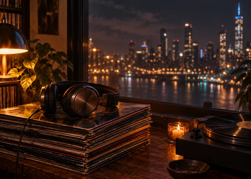 Headphones and Vinyl: Over-ear headphones resting on a stack of vinyl records by a window at night, city lights blurred outside.