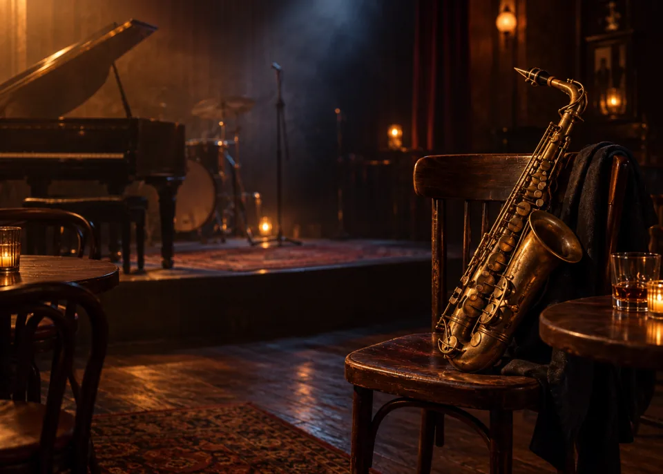 Jazz Sax: A saxophone resting on a wooden chair in a dim jazz bar, warm light, drifting haze.