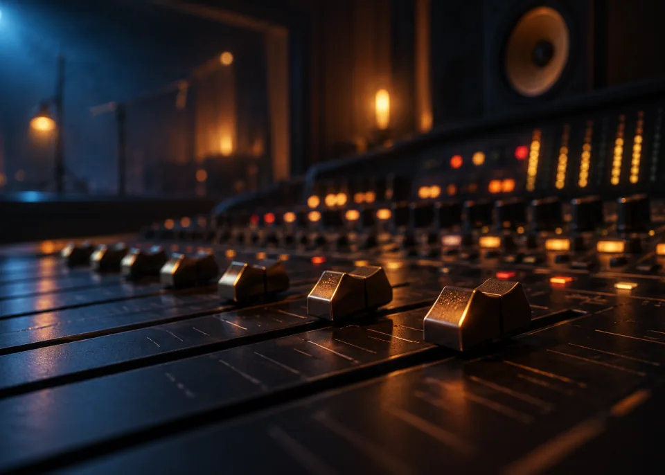 Mixing Desk: Studio mixing-desk faders in the dark, small glowing indicator lights, shallow depth of field.