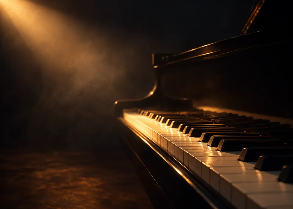 Piano Light: Piano keys in near darkness, a single beam of warm light falling across them.