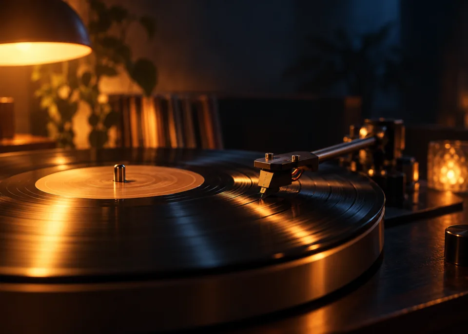 Spinning Record: A vinyl record spinning on a turntable, the stylus resting in the groove, warm lamp light, macro, dark room.