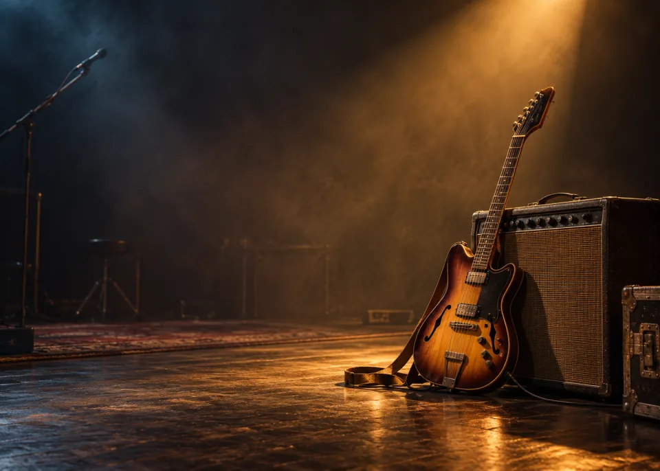 Stage Guitar: An electric guitar leaning against a vintage amplifier on an empty stage, one spotlight, light haze.
