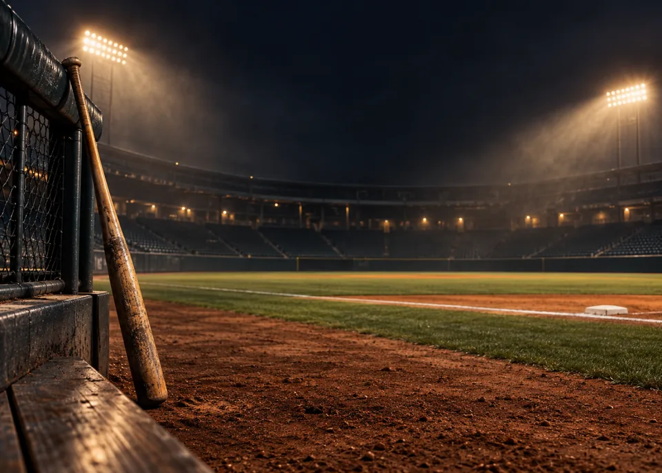 Bat Rail: A wooden bat leaning on the dugout rail, chalk dust in the floodlight beams.