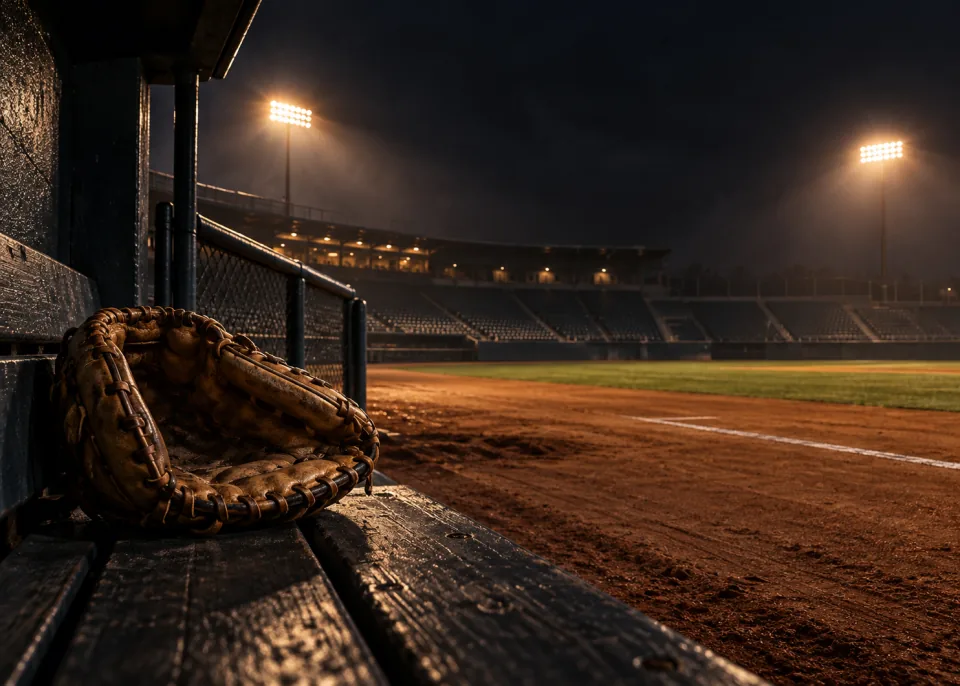Dugout Glove: A worn tan leather fielder's glove on a dark dugout bench, rim-lit by a distant floodlight.
