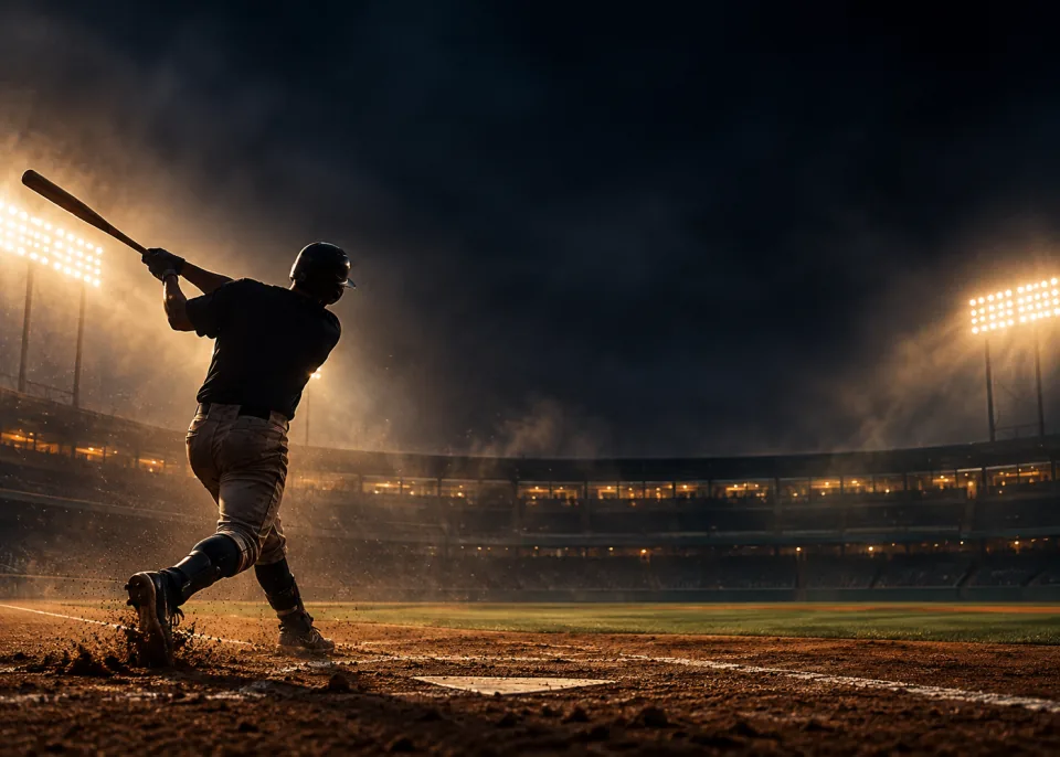 Full Swing: An anonymous batter in silhouette at the top of the swing, backlit by floodlights, dust hanging in the air.