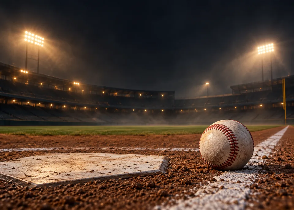 Home Plate: A single white baseball resting on the chalk line beside home plate, low camera angle, floodlight glow and haze behind.