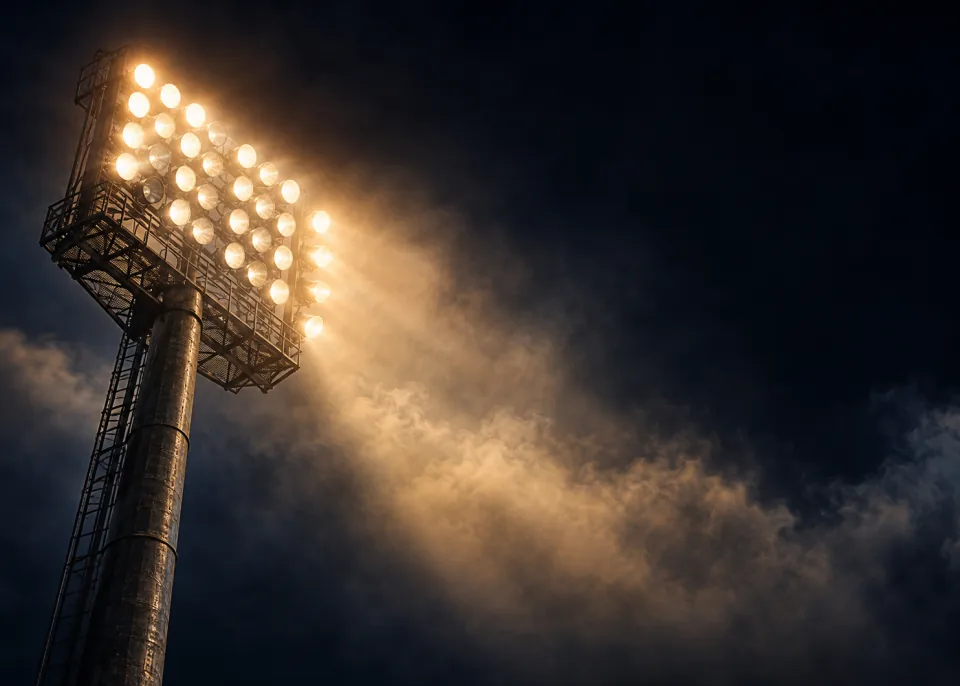 Light Tower: A stadium floodlight tower seen from below, glowing through haze against a black sky.