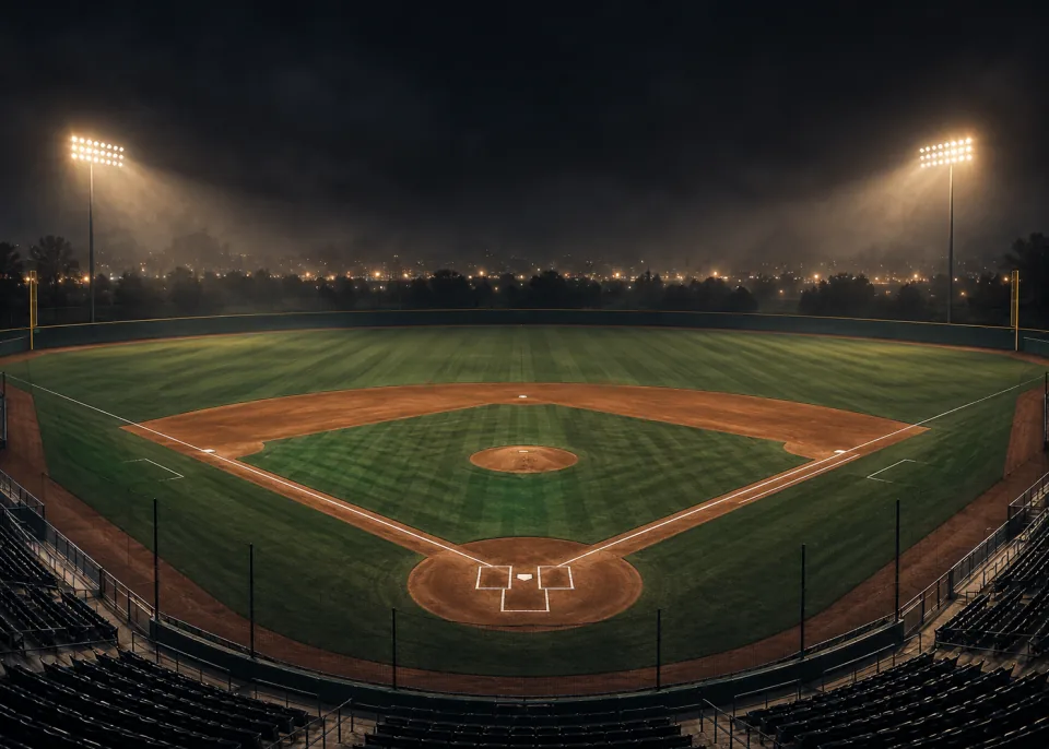 Night Diamond: The empty diamond seen from high behind home plate at night, chalk lines glowing under the lights.