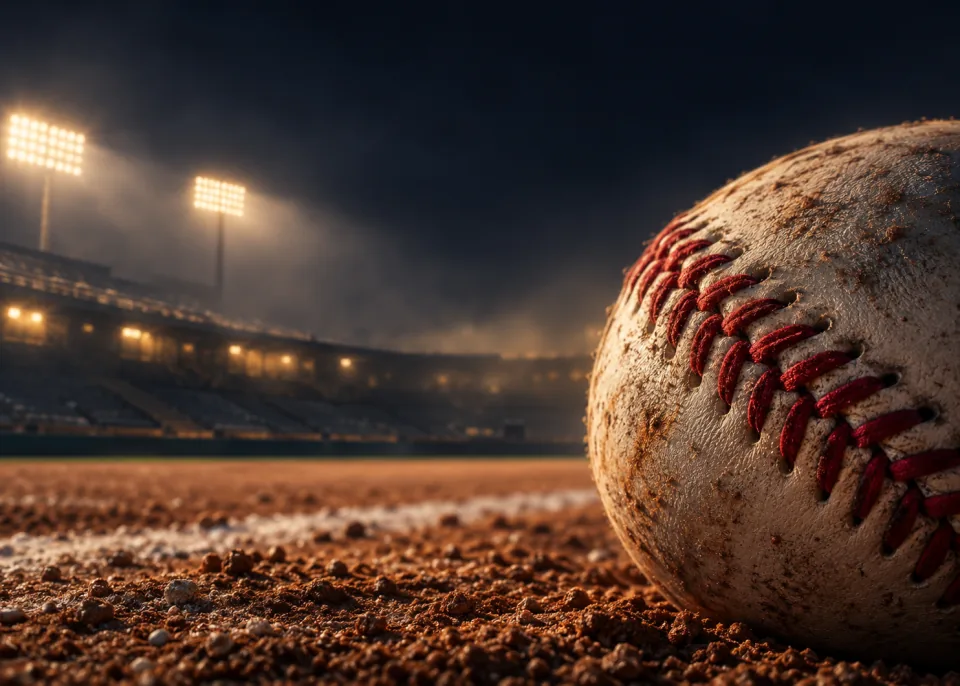 Red Stitches: Extreme close-up of the red double stitching on a scuffed baseball, raking side light, shallow depth of field.