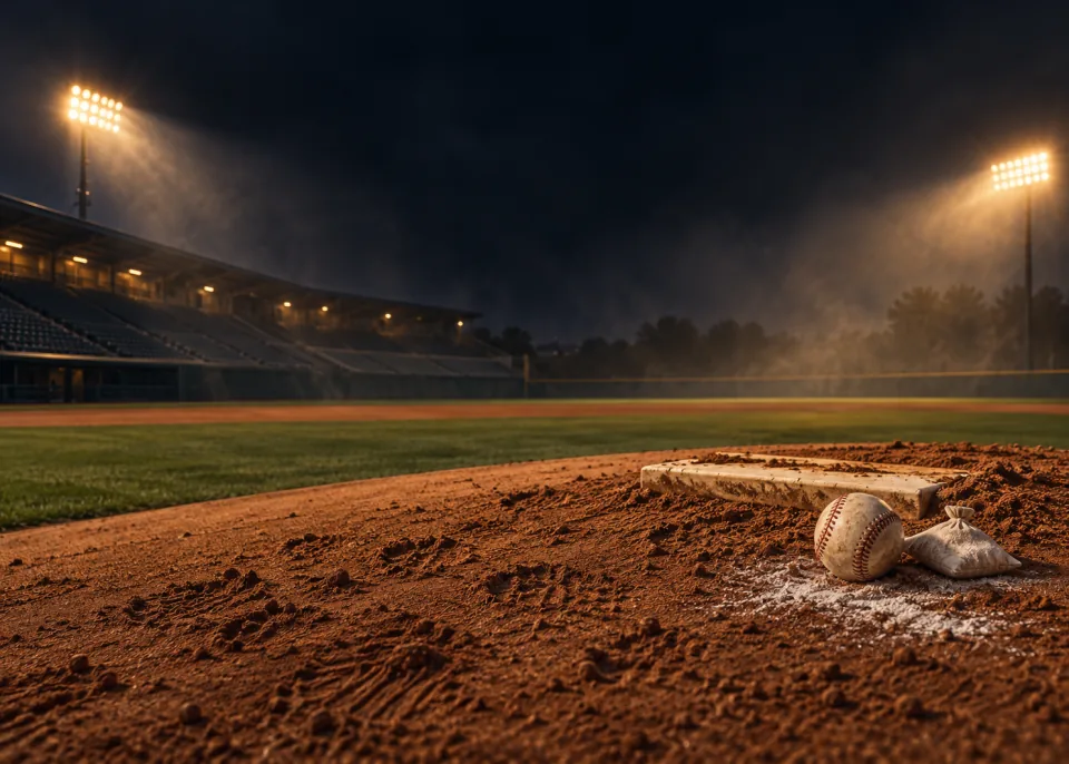 The Mound: The pitcher's mound and rubber after a game, cleat marks in the clay, a rosin bag, warm light.