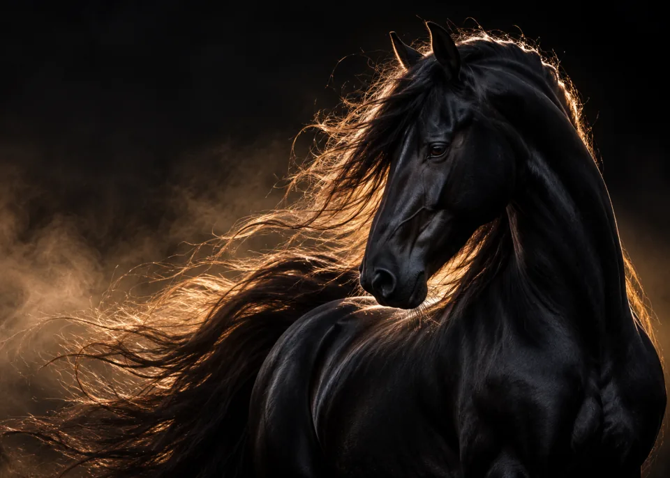 Black Silk: A low-key studio portrait of a black horse turning its head, mane flowing, a single rim light on a black background.