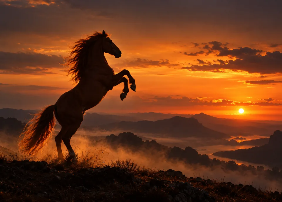 Dusk Rearing: A chestnut horse rearing in silhouette against a deep amber dusk sky, the ground in shadow.