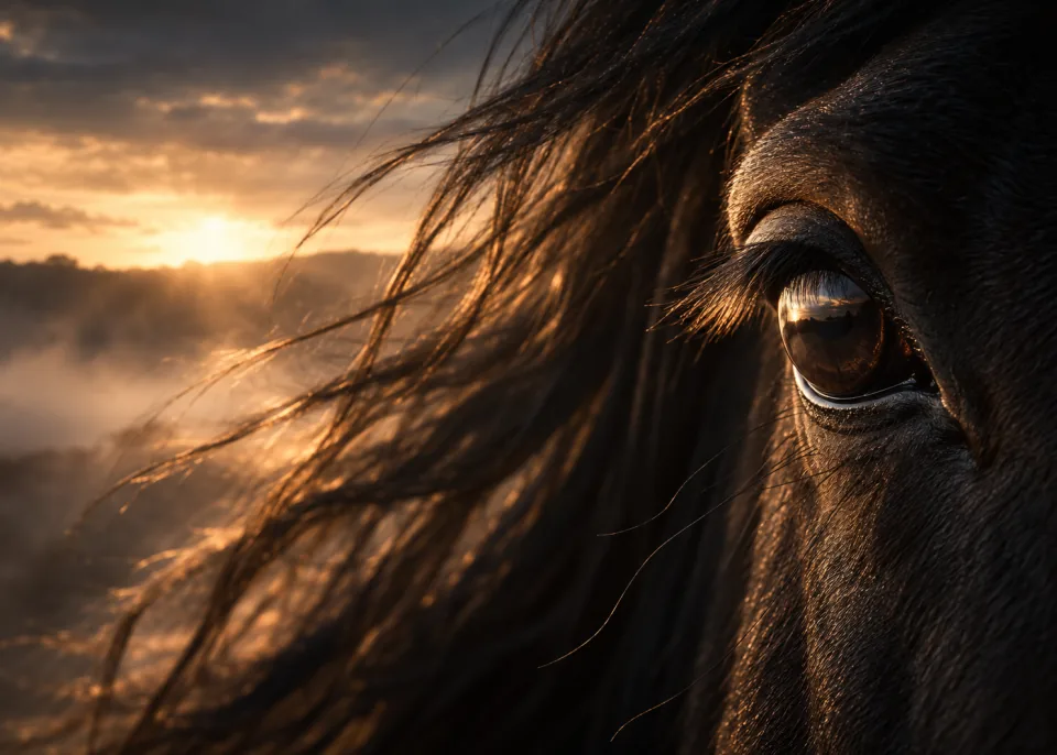 Gentle Eye: Extreme close-up of a horse's dark eye and lashes, a soft window reflection in it, dark background.
