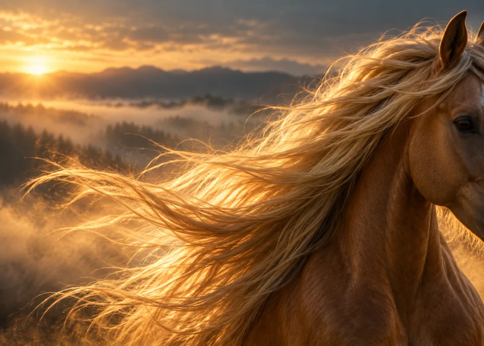 Golden Mane: Macro of a golden mane lifting in the wind, strands catching warm light, dark background.