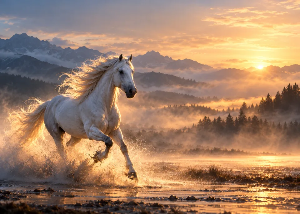 Morning Gallop: A white horse galloping through morning mist, backlit, mist and dust glowing around it.