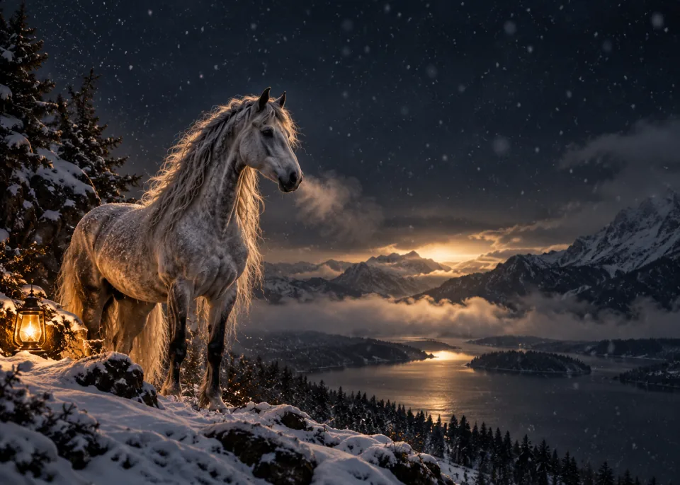 Snow Breath: A grey horse standing still in falling snow at night, its breath visible, soft lantern light.