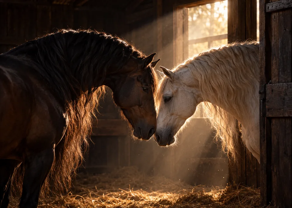 Stable Light: Two horses touching noses in a dark wooden stable, a shaft of window light between them.