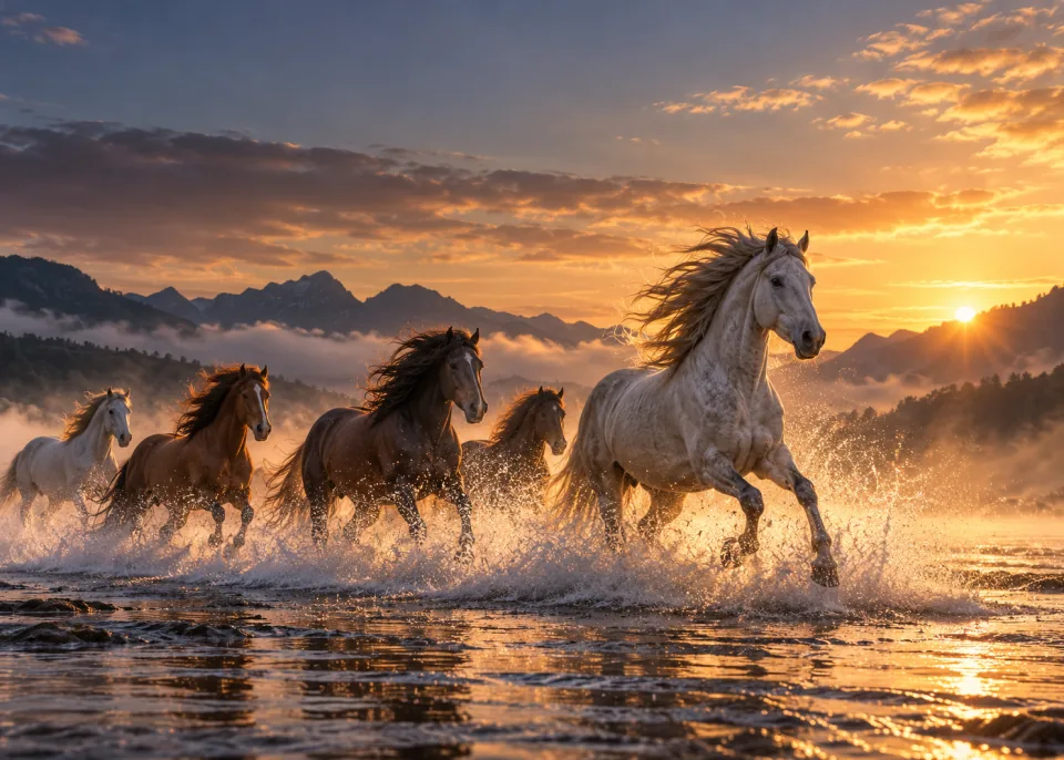 Wild Run: A small herd of wild horses running through shallow water, spray backlit, low camera angle.